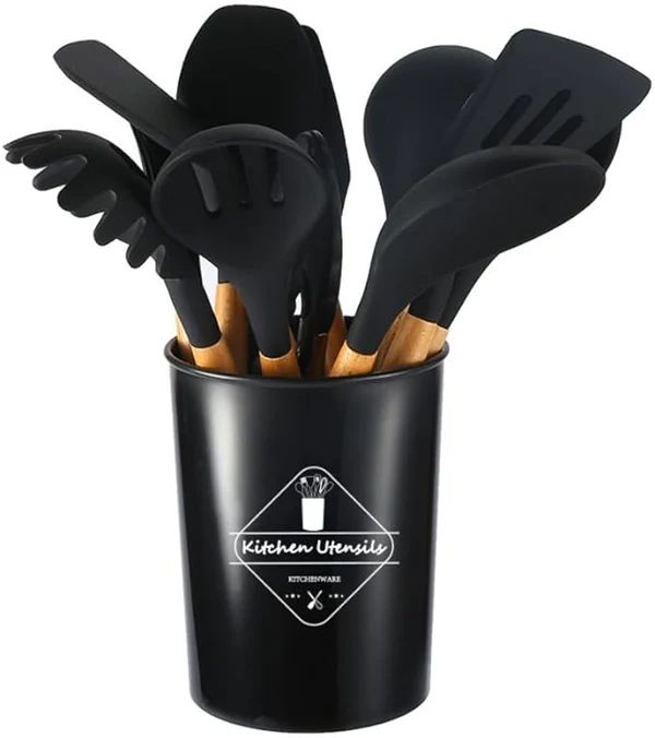 12-Piece Silicone Cooking Utensils Set with Wooden Handles – Heat Resistant & Non-Stick Kitchen Tools - Infinitygallery.store