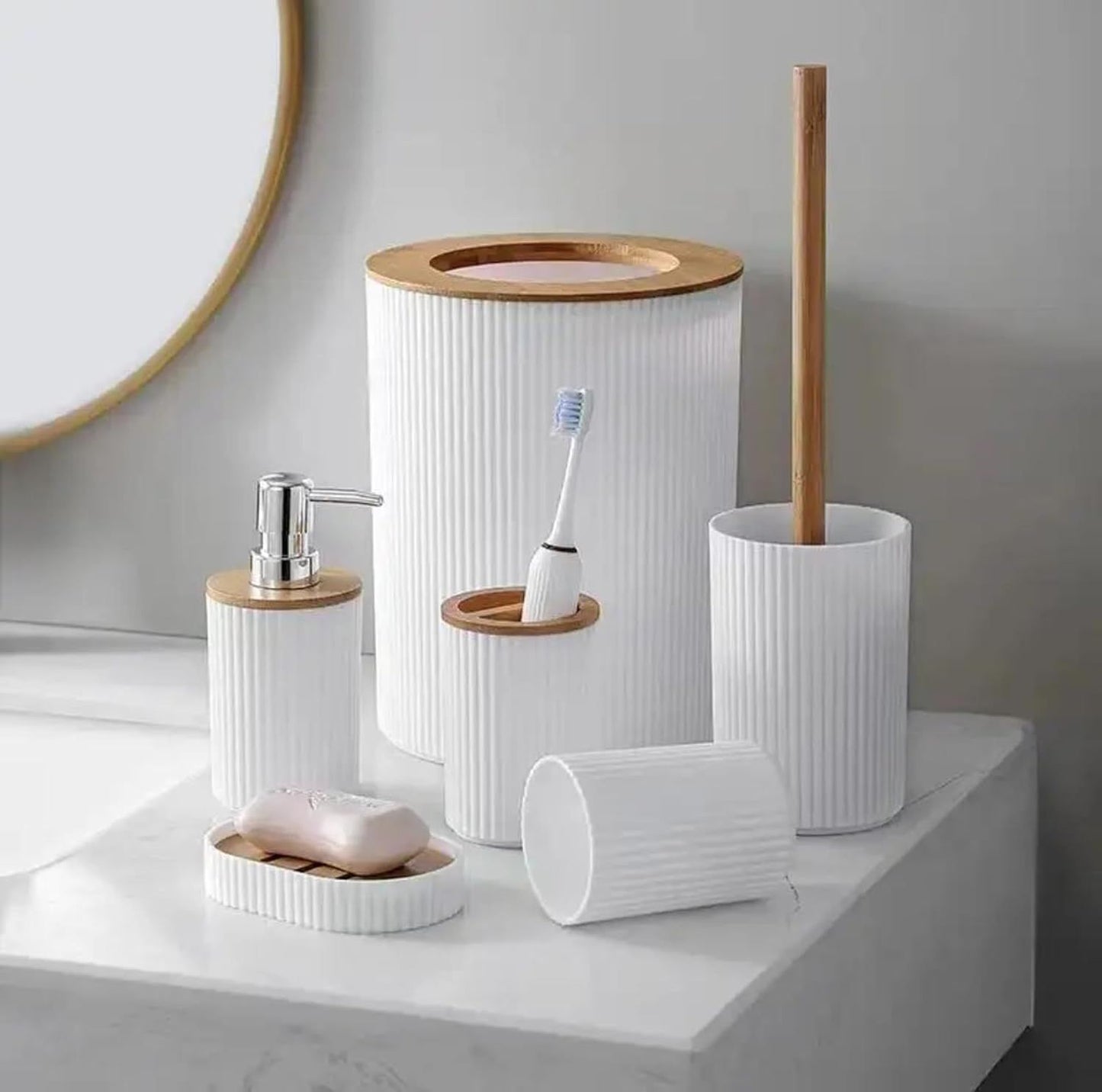 6-Piece Bathroom Accessories Set – Modern Design with Soap Dispenser, Brush & More - Infinitygallery.store