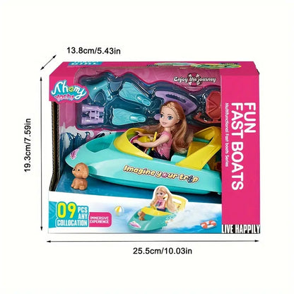 Shemy Yacht Fun Fast Boats | 9-Piece Adventure Playset with Doll & Pet
