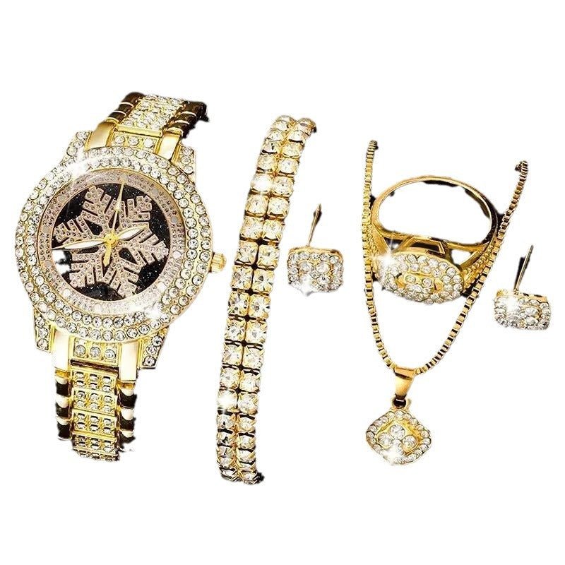 Snowflake Pattern Luxury Rhinestone Watch & Jewelry Five-Piece Set – Women’s Casual Elegance - Infinitygallery.store