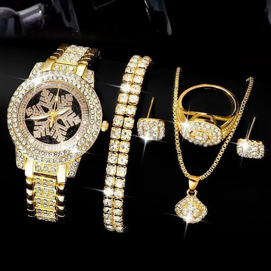 Snowflake Pattern Luxury Rhinestone Watch & Jewelry Five-Piece Set – Women’s Casual Elegance - Infinitygallery.store