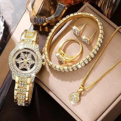 Snowflake Pattern Luxury Rhinestone Watch & Jewelry Five-Piece Set – Women’s Casual Elegance - Infinitygallery.store
