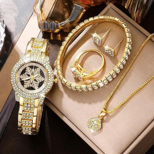 Snowflake Pattern Luxury Rhinestone Watch & Jewelry Five-Piece Set – Women’s Casual Elegance - Infinitygallery.store