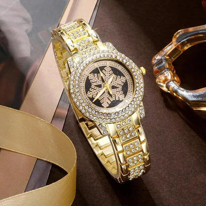 Snowflake Pattern Luxury Rhinestone Watch & Jewelry Five-Piece Set – Women’s Casual Elegance - Infinitygallery.store