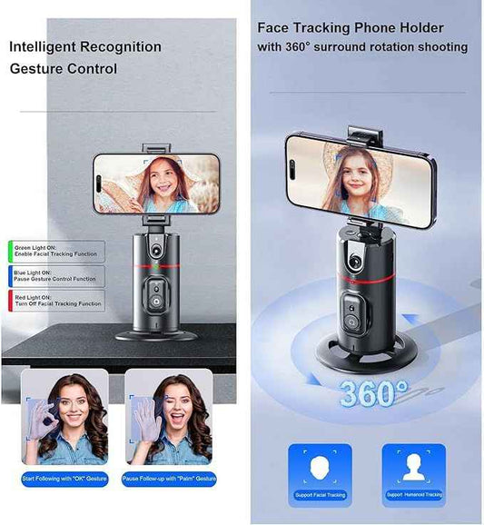 Auto Face Tracking Tripod – 360° Smart Motion Tracker with Remote, Gesture Control & Rechargeable Battery (No App Needed)