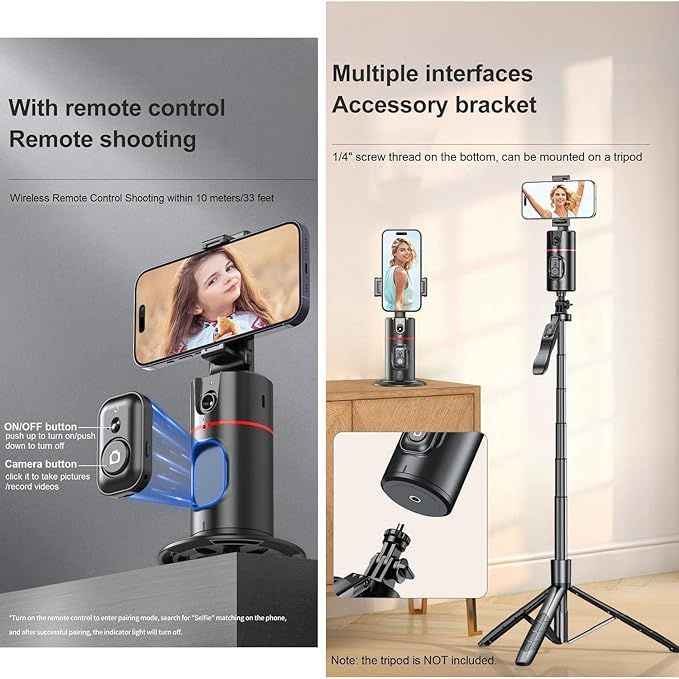 Auto Face Tracking Tripod – 360° Smart Motion Tracker with Remote, Gesture Control & Rechargeable Battery (No App Needed)